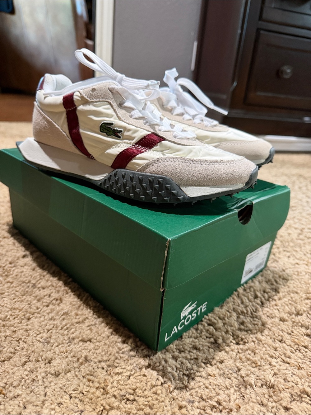 Lacoste women’s Cream & Burgundy Retro-Style Trainer Sneakers